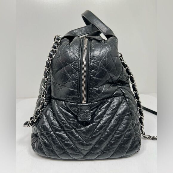 Chanel Soft Bowling Bag Chevron Aged Claf Skin Large Bag - Picture 4 of 13